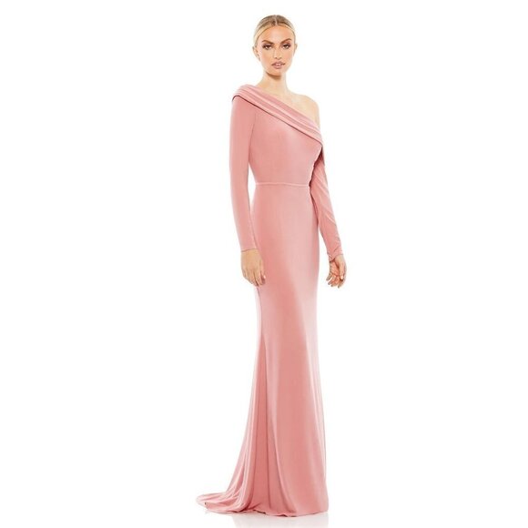 MAC DUGGAL One-Shoulder Jersey Trumpet Gown in Rose Gold Size US 10 - Picture 7 of 9